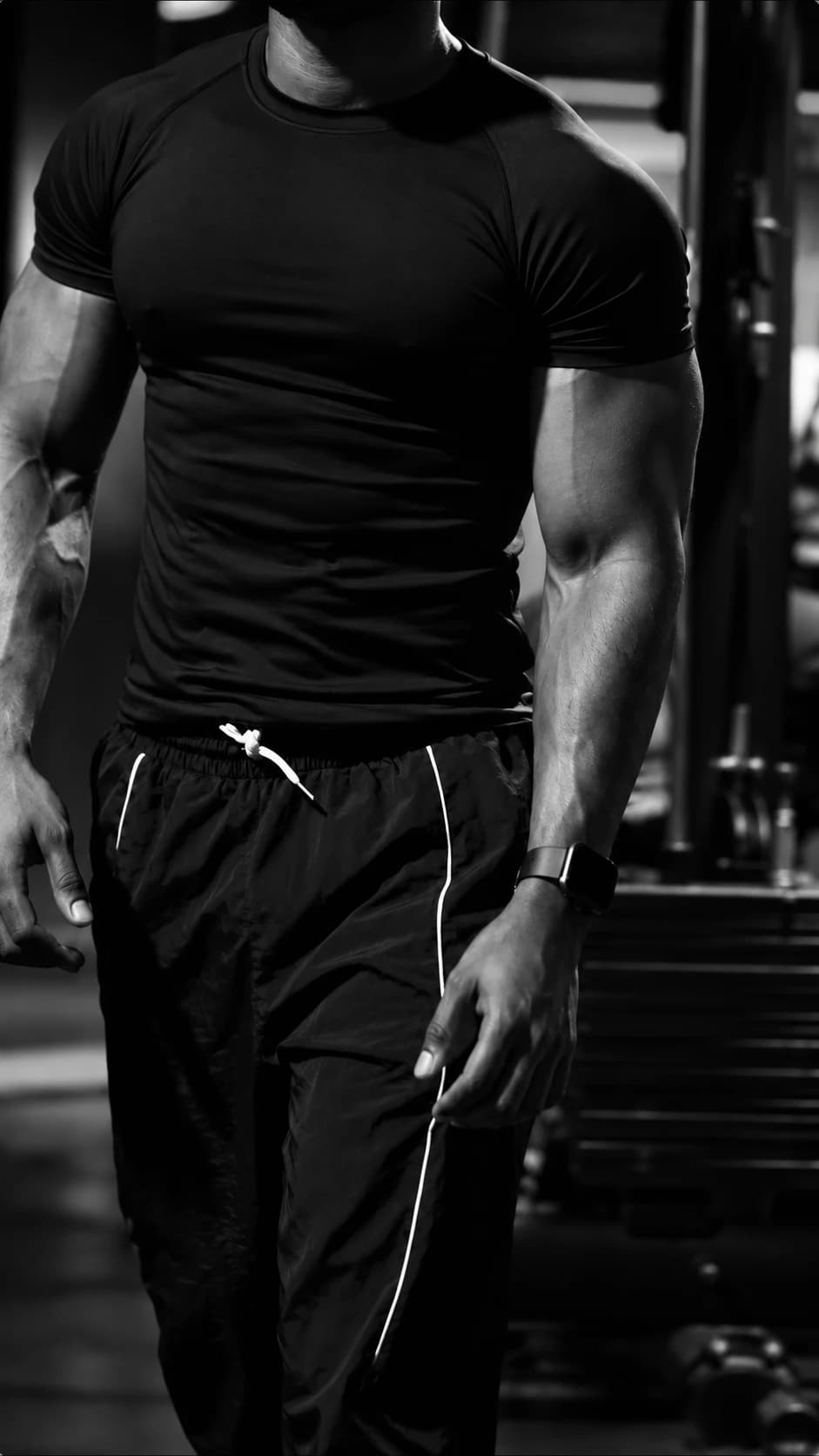 Clean black compression tee worn in the gym, sitting close through the chest and arms